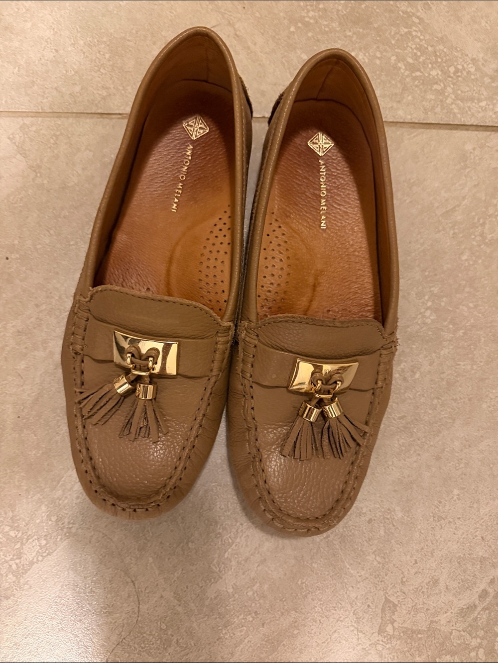 ANTONIO MELANI Brown Leather Tassel Loafers with Gold Accents